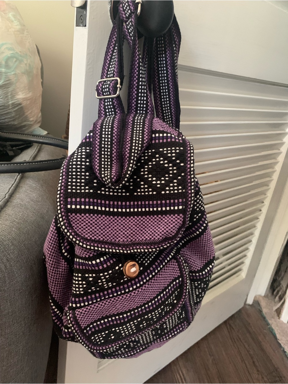 Hand Crafted Purple and Black Patterned Canvas Backpack